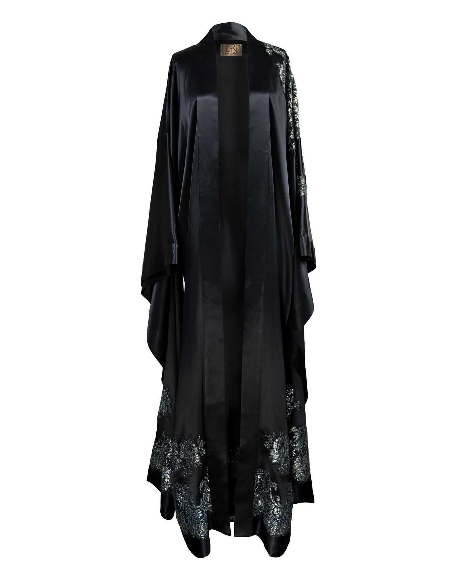 COUTURE — Full-Length Black and Metallic Chantilly Lace Kimono view 1