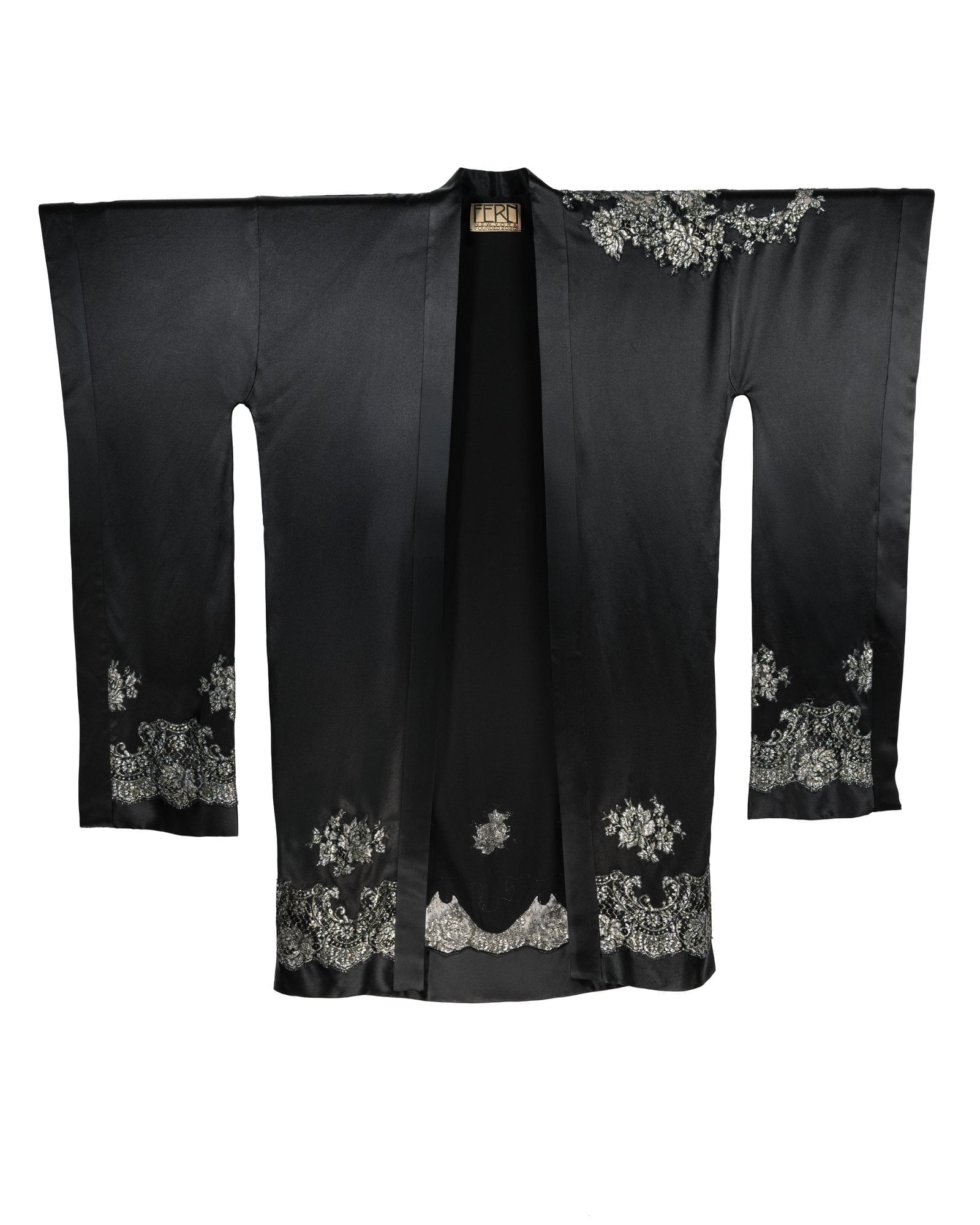 COUTURE — Full-Length Black and Metallic Chantilly Lace Kimono view 2