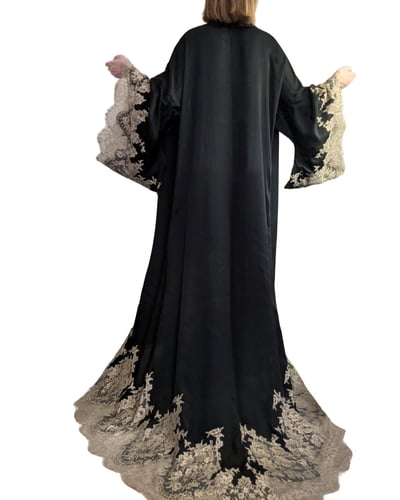 Photo of COUTURE — Black and Champagne Chantilly Lace Kimono with Train