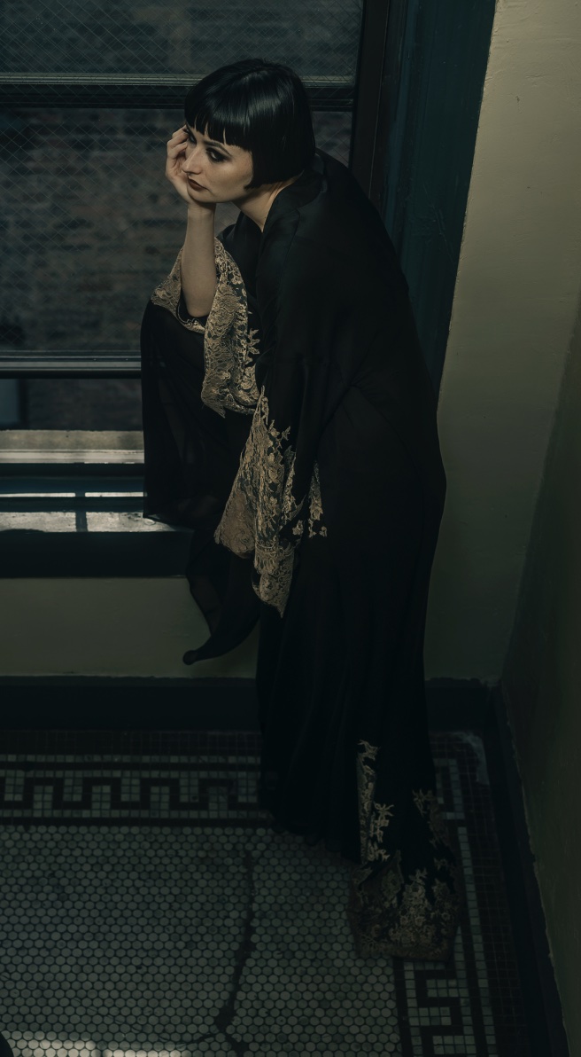 COUTURE — Black and Champagne Chantilly Lace Kimono with Train view 5