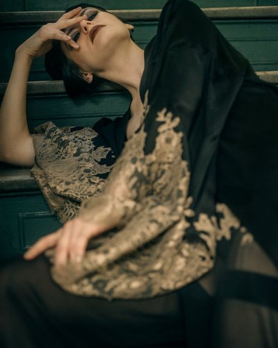 Photo of COUTURE — Black and Champagne Chantilly Lace Kimono with Train, view 2