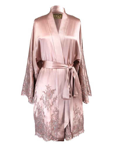 Photo of COUTURE — Short Blush Satin Kimono with Lace Appliqué