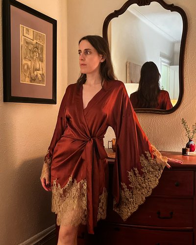 Photo of COUTURE — Short Wrap Kimono with Metallic Gold Chantilly Lace