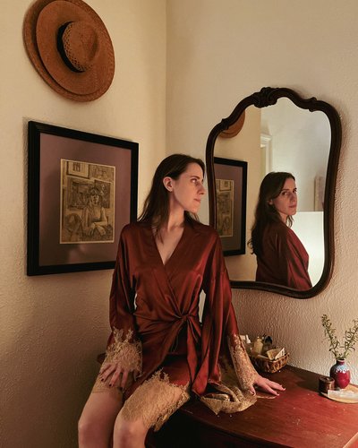 Photo of COUTURE — Short Wrap Kimono with Metallic Gold Chantilly Lace, view 2